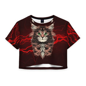 Женская футболка 3D укороченная с принтом Electro cat в Тюмени, 100% полиэстер | круглая горловина, длина футболки до линии талии, рукава с отворотами | cat | взгляд | кот | кот хипстер | котёнок | котятки | кошка | молния | мордочка | разряд | электричество