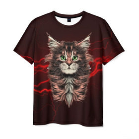 Мужская футболка 3D с принтом Electro cat в Тюмени, 100% полиэфир | прямой крой, круглый вырез горловины, длина до линии бедер | cat | взгляд | кот | кот хипстер | котёнок | котятки | кошка | молния | мордочка | разряд | электричество