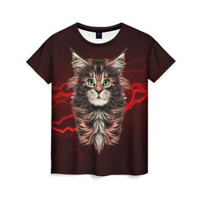 Женская футболка 3D с принтом Electro cat в Тюмени, 100% полиэфир ( синтетическое хлопкоподобное полотно) | прямой крой, круглый вырез горловины, длина до линии бедер | cat | взгляд | кот | кот хипстер | котёнок | котятки | кошка | молния | мордочка | разряд | электричество