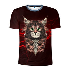Мужская футболка 3D спортивная с принтом Electro cat в Тюмени, 100% полиэстер с улучшенными характеристиками | приталенный силуэт, круглая горловина, широкие плечи, сужается к линии бедра | Тематика изображения на принте: cat | взгляд | кот | кот хипстер | котёнок | котятки | кошка | молния | мордочка | разряд | электричество