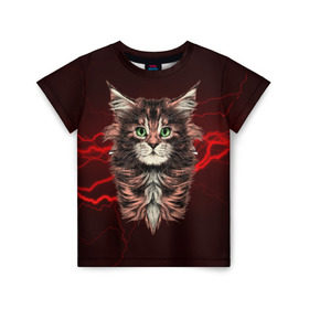 Детская футболка 3D с принтом Electro cat в Тюмени, 100% гипоаллергенный полиэфир | прямой крой, круглый вырез горловины, длина до линии бедер, чуть спущенное плечо, ткань немного тянется | cat | взгляд | кот | кот хипстер | котёнок | котятки | кошка | молния | мордочка | разряд | электричество