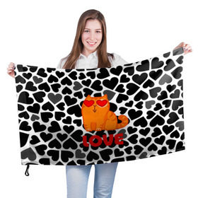 Флаг 3D с принтом Влюбленный котик в Тюмени, 100% полиэстер | плотность ткани — 95 г/м2, размер — 67 х 109 см. Принт наносится с одной стороны | Тематика изображения на принте: сердечки