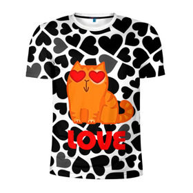 Мужская футболка 3D спортивная с принтом Влюбленный котик в Тюмени, 100% полиэстер с улучшенными характеристиками | приталенный силуэт, круглая горловина, широкие плечи, сужается к линии бедра | сердечки