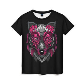 Женская футболка 3D с принтом Волк в Тюмени, 100% полиэфир ( синтетическое хлопкоподобное полотно) | прямой крой, круглый вырез горловины, длина до линии бедер | wolf | арт | взгляд | графика | живопись | лис | лиса | рисунок | розовый | тотем | хищник