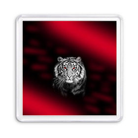 Магнит 55*55 с принтом Тигр красные глаза в Тюмени, Пластик | Размер: 65*65 мм; Размер печати: 55*55 мм | Тематика изображения на принте:  хищник | багровый | большая кошка | глаза. красные | красный | кровавый | тигр