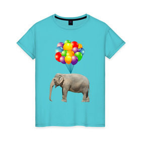 Женская футболка хлопок с принтом Воздушный слоник в Тюмени, 100% хлопок | прямой крой, круглый вырез горловины, длина до линии бедер, слегка спущенное плечо | арт | животные | слон | шарики