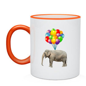 Кружка двухцветная с принтом Воздушный слоник в Тюмени, керамика | объем — 330 мл, диаметр — 80 мм. Цветная ручка и кайма сверху, в некоторых цветах — вся внутренняя часть | арт | животные | слон | шарики