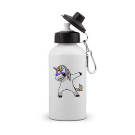 Бутылка спортивная с принтом Unicorn dab в Тюмени, металл | емкость — 500 мл, в комплекте две пластиковые крышки и карабин для крепления | Тематика изображения на принте: арт | единорог | животные | музыка