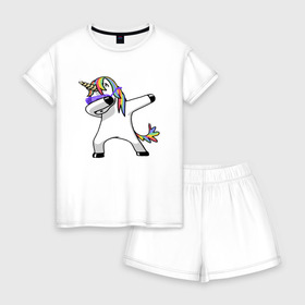 Женская пижама с шортиками хлопок с принтом Unicorn dab в Тюмени, 100% хлопок | футболка прямого кроя, шорты свободные с широкой мягкой резинкой | арт | единорог | животные | музыка