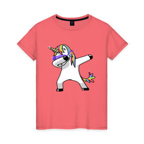 Женская футболка хлопок с принтом Unicorn dab в Тюмени, 100% хлопок | прямой крой, круглый вырез горловины, длина до линии бедер, слегка спущенное плечо | арт | единорог | животные | музыка
