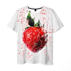 Мужская футболка 3D с принтом Клубника в Тюмени, 100% полиэфир | прямой крой, круглый вырез горловины, длина до линии бедер | брызги | земляника | клубника | краски | красный | природа | рисунок | фрукты