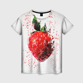 Женская футболка 3D с принтом Клубника в Тюмени, 100% полиэфир ( синтетическое хлопкоподобное полотно) | прямой крой, круглый вырез горловины, длина до линии бедер | брызги | земляника | клубника | краски | красный | природа | рисунок | фрукты