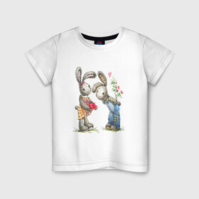 Детская футболка хлопок с принтом Любовь в Тюмени, 100% хлопок | круглый вырез горловины, полуприлегающий силуэт, длина до линии бедер | акварель | зайчиха | заяц | игрушка | кролики | мимими | плюшевый | рисунок | ягода
