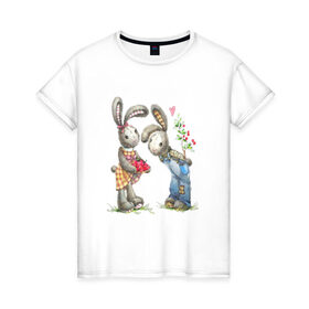 Женская футболка хлопок с принтом Любовь в Тюмени, 100% хлопок | прямой крой, круглый вырез горловины, длина до линии бедер, слегка спущенное плечо | акварель | зайчиха | заяц | игрушка | кролики | мимими | плюшевый | рисунок | ягода