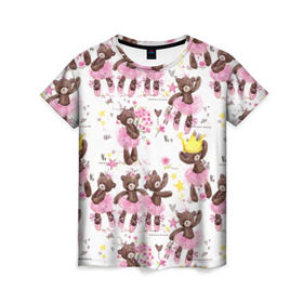 Женская футболка 3D с принтом Плюшевые мишки в Тюмени, 100% полиэфир ( синтетическое хлопкоподобное полотно) | прямой крой, круглый вырез горловины, длина до линии бедер | акварель | балерина | медведи | пачка | пуанты | рисунок | розовый | теди | цветы