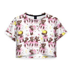 Женская футболка 3D укороченная с принтом Плюшевые мишки в Тюмени, 100% полиэстер | круглая горловина, длина футболки до линии талии, рукава с отворотами | акварель | балерина | медведи | пачка | пуанты | рисунок | розовый | теди | цветы