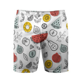 Мужские шорты 3D спортивные с принтом Летний микс в Тюмени,  |  | Тематика изображения на принте: ананас | апельсин | арбуз | груша | еда | клубника | лето | листья | минимализм | персик | раскраска | фрукты | ягоды