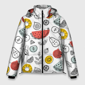 Мужская зимняя куртка 3D с принтом Летний микс в Тюмени, верх — 100% полиэстер; подкладка — 100% полиэстер; утеплитель — 100% полиэстер | длина ниже бедра, свободный силуэт Оверсайз. Есть воротник-стойка, отстегивающийся капюшон и ветрозащитная планка. 

Боковые карманы с листочкой на кнопках и внутренний карман на молнии. | Тематика изображения на принте: ананас | апельсин | арбуз | груша | еда | клубника | лето | листья | минимализм | персик | раскраска | фрукты | ягоды