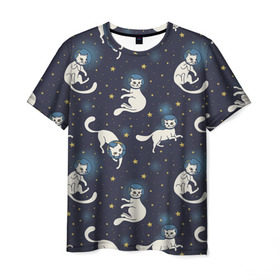 Мужская футболка 3D с принтом Космокотики в Тюмени, 100% полиэфир | прямой крой, круглый вырез горловины, длина до линии бедер | звёзды | космос | кот | котик | кошка | паттерн | скафандр