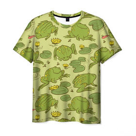 Мужская футболка 3D с принтом Лягухи в Тюмени, 100% полиэфир | прямой крой, круглый вырез горловины, длина до линии бедер | Тематика изображения на принте: болото | жабы | квакухи | кувшинки | лягушки | паттерн