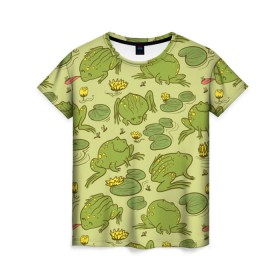 Женская футболка 3D с принтом Лягухи в Тюмени, 100% полиэфир ( синтетическое хлопкоподобное полотно) | прямой крой, круглый вырез горловины, длина до линии бедер | болото | жабы | квакухи | кувшинки | лягушки | паттерн