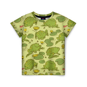Детская футболка 3D с принтом Лягухи в Тюмени, 100% гипоаллергенный полиэфир | прямой крой, круглый вырез горловины, длина до линии бедер, чуть спущенное плечо, ткань немного тянется | Тематика изображения на принте: болото | жабы | квакухи | кувшинки | лягушки | паттерн