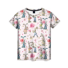 Женская футболка 3D с принтом Кролики в Тюмени, 100% полиэфир ( синтетическое хлопкоподобное полотно) | прямой крой, круглый вырез горловины, длина до линии бедер | акварель | зайчиха | заяц | кролиха | кроль | любовь | подарок | полоска | рисунок | сердце