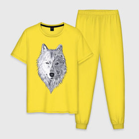 Мужская пижама хлопок с принтом Рисованный волк в Тюмени, 100% хлопок | брюки и футболка прямого кроя, без карманов, на брюках мягкая резинка на поясе и по низу штанин
 | арт | волки | графика | животные | узор | хищники | черно белые