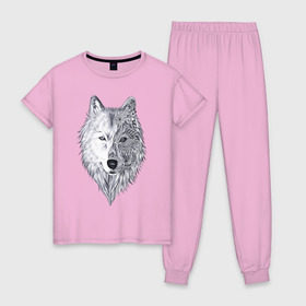 Женская пижама хлопок с принтом Рисованный волк в Тюмени, 100% хлопок | брюки и футболка прямого кроя, без карманов, на брюках мягкая резинка на поясе и по низу штанин | арт | волки | графика | животные | узор | хищники | черно белые