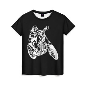 Женская футболка 3D с принтом Байкер в Тюмени, 100% полиэфир ( синтетическое хлопкоподобное полотно) | прямой крой, круглый вырез горловины, длина до линии бедер | biker | black and white | man | motorcycle | motorcyclist | silhouette | stencil | байкер | мотоцикл | мотоциклист | мужчина | силуэт | трафарет | черно белый