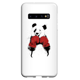 Чехол для Samsung Galaxy S10 с принтом Панда боксер в Тюмени, Силикон | Область печати: задняя сторона чехла, без боковых панелей | Тематика изображения на принте: бамбук | бамбуковый медведь | бокс | боксерские | брызги | енот | животное | коала | красивый | красная книга | кунгфу | медведь | милый | мишка | очки | панда | перчатки | пот | прикол | прикольный