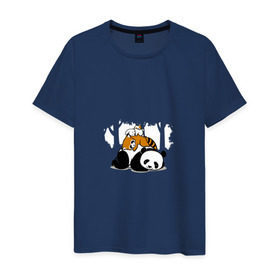Мужская футболка хлопок с принтом Зверушки спят в лесу в Тюмени, 100% хлопок | прямой крой, круглый вырез горловины, длина до линии бедер, слегка спущенное плечо. | зайчик | заяц | милота | мишка | панда
