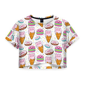 Женская футболка 3D укороченная с принтом Сладкие котики в Тюмени, 100% полиэстер | круглая горловина, длина футболки до линии талии, рукава с отворотами | Тематика изображения на принте: конфетти | котики | мороженое | пломбир | пончики | рожок