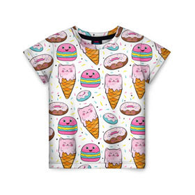 Детская футболка 3D с принтом Сладкие котики в Тюмени, 100% гипоаллергенный полиэфир | прямой крой, круглый вырез горловины, длина до линии бедер, чуть спущенное плечо, ткань немного тянется | конфетти | котики | мороженое | пломбир | пончики | рожок