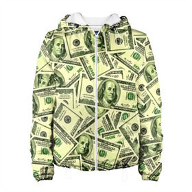Женская куртка 3D с принтом Benjamin Franklin в Тюмени, ткань верха — 100% полиэстер, подклад — флис | прямой крой, подол и капюшон оформлены резинкой с фиксаторами, два кармана без застежек по бокам, один большой потайной карман на груди. Карман на груди застегивается на липучку | 3d | benjamin franklin | америка | богатство | валюта | денежные купюры | деньги | доллар | зеленые | сша | текстуры