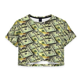 Женская футболка 3D укороченная с принтом Деньги в Тюмени, 100% полиэстер | круглая горловина, длина футболки до линии талии, рукава с отворотами | 3d | benjamin franklin | америка | богатство | валюта | денежные купюры | деньги | доллар | зеленые | сша | текстуры
