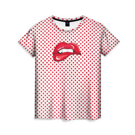 Женская футболка 3D с принтом Губы Горох в Тюмени, 100% полиэфир ( синтетическое хлопкоподобное полотно) | прямой крой, круглый вырез горловины, длина до линии бедер | swag | блики | девушка | женщина | зубы | королева | красная помада | красный горошек | лицо | поцелуй | прикус | принт | улыбка | целовать