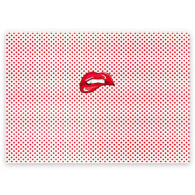 Поздравительная открытка с принтом Губы Горох в Тюмени, 100% бумага | плотность бумаги 280 г/м2, матовая, на обратной стороне линовка и место для марки
 | swag | блики | девушка | женщина | зубы | королева | красная помада | красный горошек | лицо | поцелуй | прикус | принт | улыбка | целовать