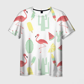 Мужская футболка 3D с принтом Flamingo print в Тюмени, 100% полиэфир | прямой крой, круглый вырез горловины, длина до линии бедер | animals | beautiful | blue | color | cute | nature | sea | water | wild | белое | вода | голубое | животные | красивое | красота | милое | море | морское | природа | птица | птицы | птичка | птички | синее | цвет | чёрное | яркое