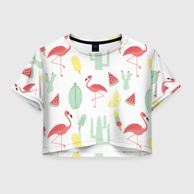 Женская футболка 3D укороченная с принтом Flamingo print в Тюмени, 100% полиэстер | круглая горловина, длина футболки до линии талии, рукава с отворотами | animals | beautiful | blue | color | cute | nature | sea | water | wild | белое | вода | голубое | животные | красивое | красота | милое | море | морское | природа | птица | птицы | птичка | птички | синее | цвет | чёрное | яркое