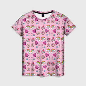 Женская футболка 3D с принтом Стикеры для Нее в Тюмени, 100% полиэфир ( синтетическое хлопкоподобное полотно) | прямой крой, круглый вырез горловины, длина до линии бедер | звезды | пончик | радуга | розовый | сердечко | я тебя люблю