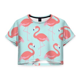 Женская футболка 3D укороченная с принтом Flamingos pattern в Тюмени, 100% полиэстер | круглая горловина, длина футболки до линии талии, рукава с отворотами | animals | beautiful | bird | birds | birdy | blue | color | flamingo | nature | wild | белое | голубое | животные | красивое | красота | милое | природа | птица | птицы | птичка | птички | синее | фламинго | цвет | яркое