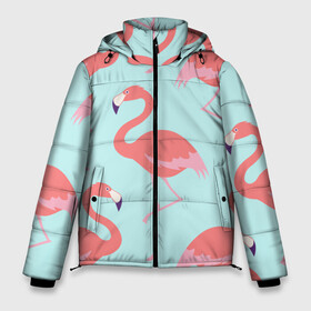 Мужская зимняя куртка 3D с принтом Flamingos pattern в Тюмени, верх — 100% полиэстер; подкладка — 100% полиэстер; утеплитель — 100% полиэстер | длина ниже бедра, свободный силуэт Оверсайз. Есть воротник-стойка, отстегивающийся капюшон и ветрозащитная планка. 

Боковые карманы с листочкой на кнопках и внутренний карман на молнии. | Тематика изображения на принте: animals | beautiful | bird | birds | birdy | blue | color | flamingo | nature | wild | белое | голубое | животные | красивое | красота | милое | природа | птица | птицы | птичка | птички | синее | фламинго | цвет | яркое