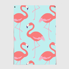 Постер с принтом Flamingos pattern в Тюмени, 100% бумага
 | бумага, плотность 150 мг. Матовая, но за счет высокого коэффициента гладкости имеет небольшой блеск и дает на свету блики, но в отличии от глянцевой бумаги не покрыта лаком | animals | beautiful | bird | birds | birdy | blue | color | flamingo | nature | wild | белое | голубое | животные | красивое | красота | милое | природа | птица | птицы | птичка | птички | синее | фламинго | цвет | яркое