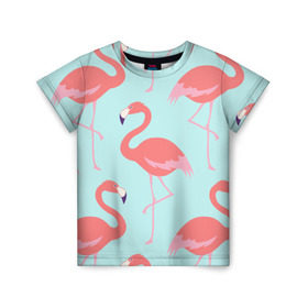 Детская футболка 3D с принтом Flamingos pattern в Тюмени, 100% гипоаллергенный полиэфир | прямой крой, круглый вырез горловины, длина до линии бедер, чуть спущенное плечо, ткань немного тянется | Тематика изображения на принте: animals | beautiful | bird | birds | birdy | blue | color | flamingo | nature | wild | белое | голубое | животные | красивое | красота | милое | природа | птица | птицы | птичка | птички | синее | фламинго | цвет | яркое