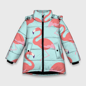 Зимняя куртка для девочек 3D с принтом Flamingos pattern в Тюмени, ткань верха — 100% полиэстер; подклад — 100% полиэстер, утеплитель — 100% полиэстер. | длина ниже бедра, удлиненная спинка, воротник стойка и отстегивающийся капюшон. Есть боковые карманы с листочкой на кнопках, утяжки по низу изделия и внутренний карман на молнии. 

Предусмотрены светоотражающий принт на спинке, радужный светоотражающий элемент на пуллере молнии и на резинке для утяжки. | Тематика изображения на принте: animals | beautiful | bird | birds | birdy | blue | color | flamingo | nature | wild | белое | голубое | животные | красивое | красота | милое | природа | птица | птицы | птичка | птички | синее | фламинго | цвет | яркое