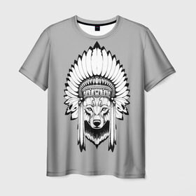 Мужская футболка 3D с принтом Indian wolf в Тюмени, 100% полиэфир | прямой крой, круглый вырез горловины, длина до линии бедер | indian | wolf | волк | голова животного | индеец | перья