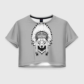 Женская футболка 3D укороченная с принтом Indian wolf в Тюмени, 100% полиэстер | круглая горловина, длина футболки до линии талии, рукава с отворотами | indian | wolf | волк | голова животного | индеец | перья