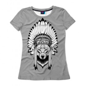 Женская футболка 3D с принтом Indian wolf в Тюмени, 100% полиэфир ( синтетическое хлопкоподобное полотно) | прямой крой, круглый вырез горловины, длина до линии бедер | indian | wolf | волк | голова животного | индеец | перья