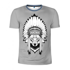 Мужская футболка 3D спортивная с принтом Indian wolf в Тюмени, 100% полиэстер с улучшенными характеристиками | приталенный силуэт, круглая горловина, широкие плечи, сужается к линии бедра | indian | wolf | волк | голова животного | индеец | перья